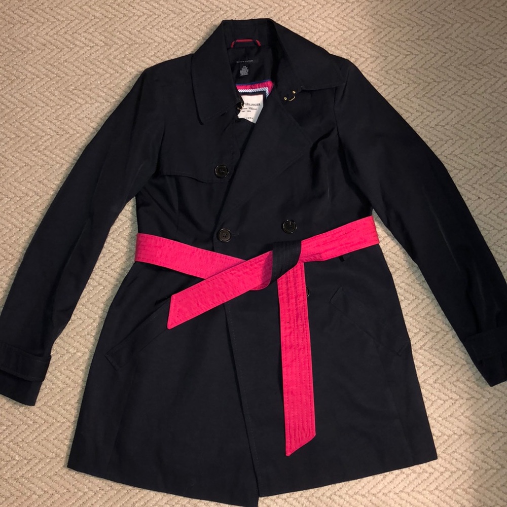 Tommy Hilfiger navy trench coat w/ pink accents